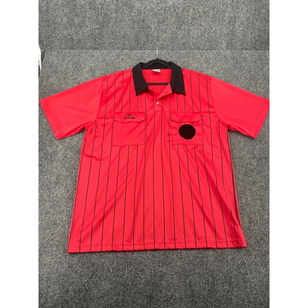 Score Soccer Jersey Mens XL Red Black Pinstripe Short Sleeve Referee Shirt